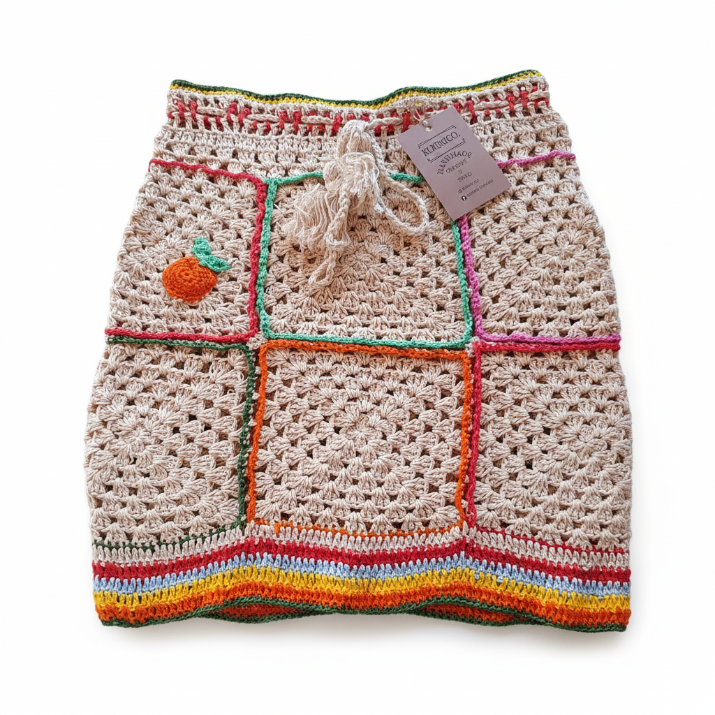 Saia de crochê granny square multicolor da Kukini Co., com padrão colorido e detalhes de pontos de crochê.