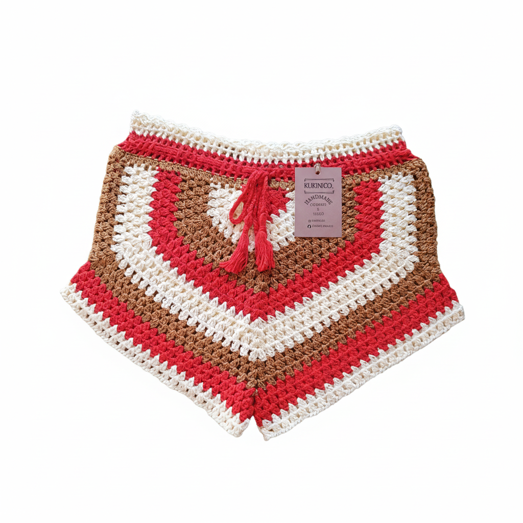 Calções de crochê Granny Square da Kukini co. em cores vermelha, castanha e creme, com padrão quadriculado e detalhes artesanais.