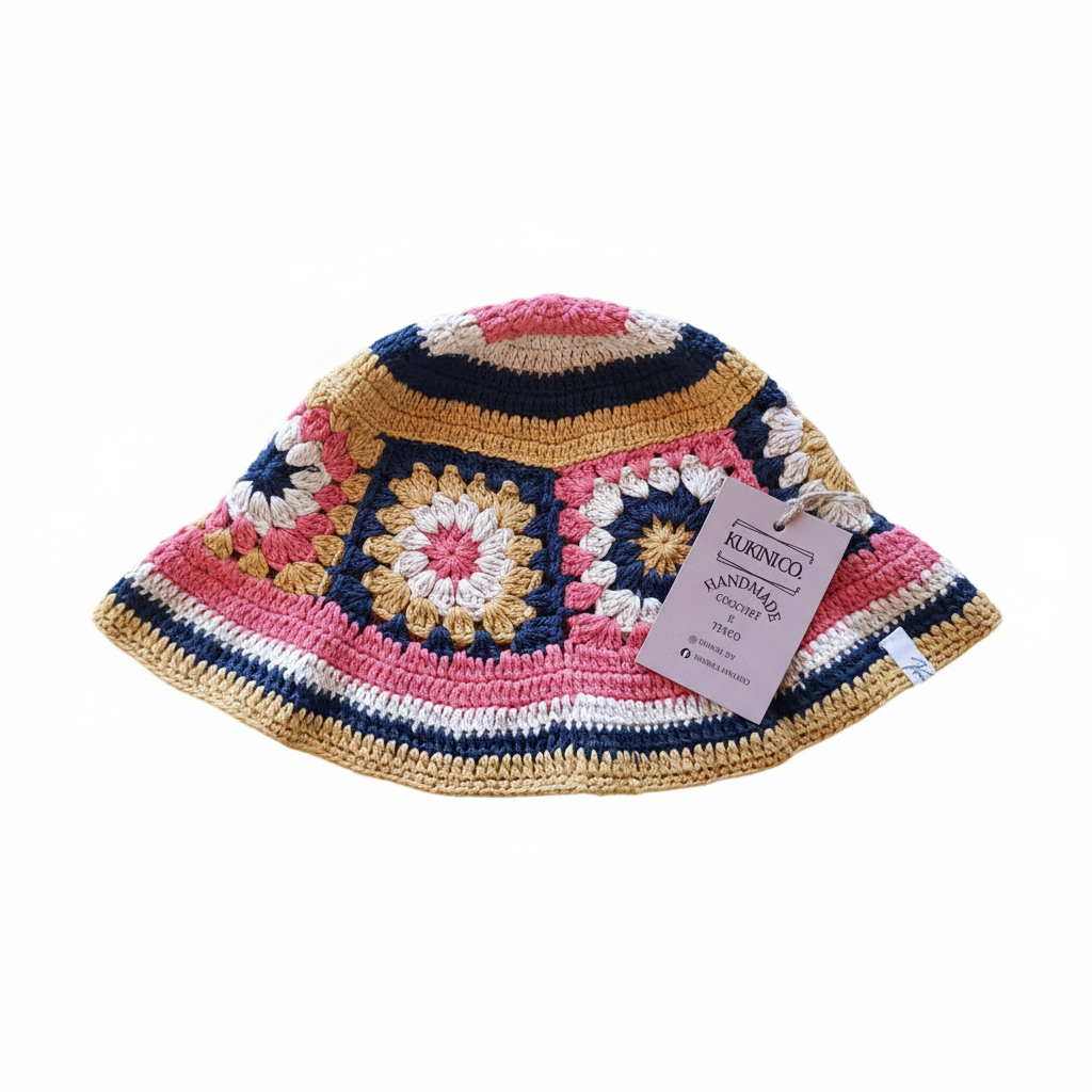 Chapéu bucket de crochê Kukini co. em rosa e amarelo com padrão granny square, acessório de moda colorido e artesanal.