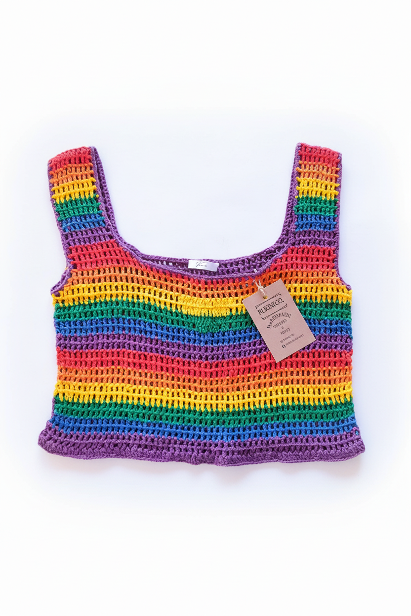 Blusa cropped de crochê Rainbow da Kukini Co., com cores vibrantes e padrão de crochê detalhado, vista frontal.