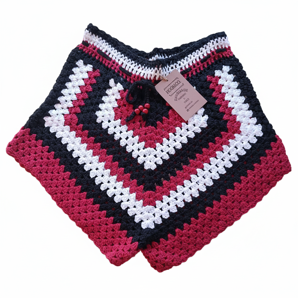 Calções de crochet granny square preto, vermelho e branco da Kukini Co., detalhados e coloridos, exibidos na imagem.