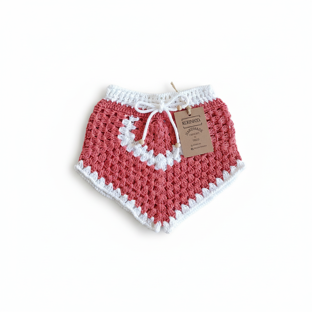 Calções de crochê Granny Square para crianças da marca Kukini co., com padrão colorido e detalhes de crochê artesanal.