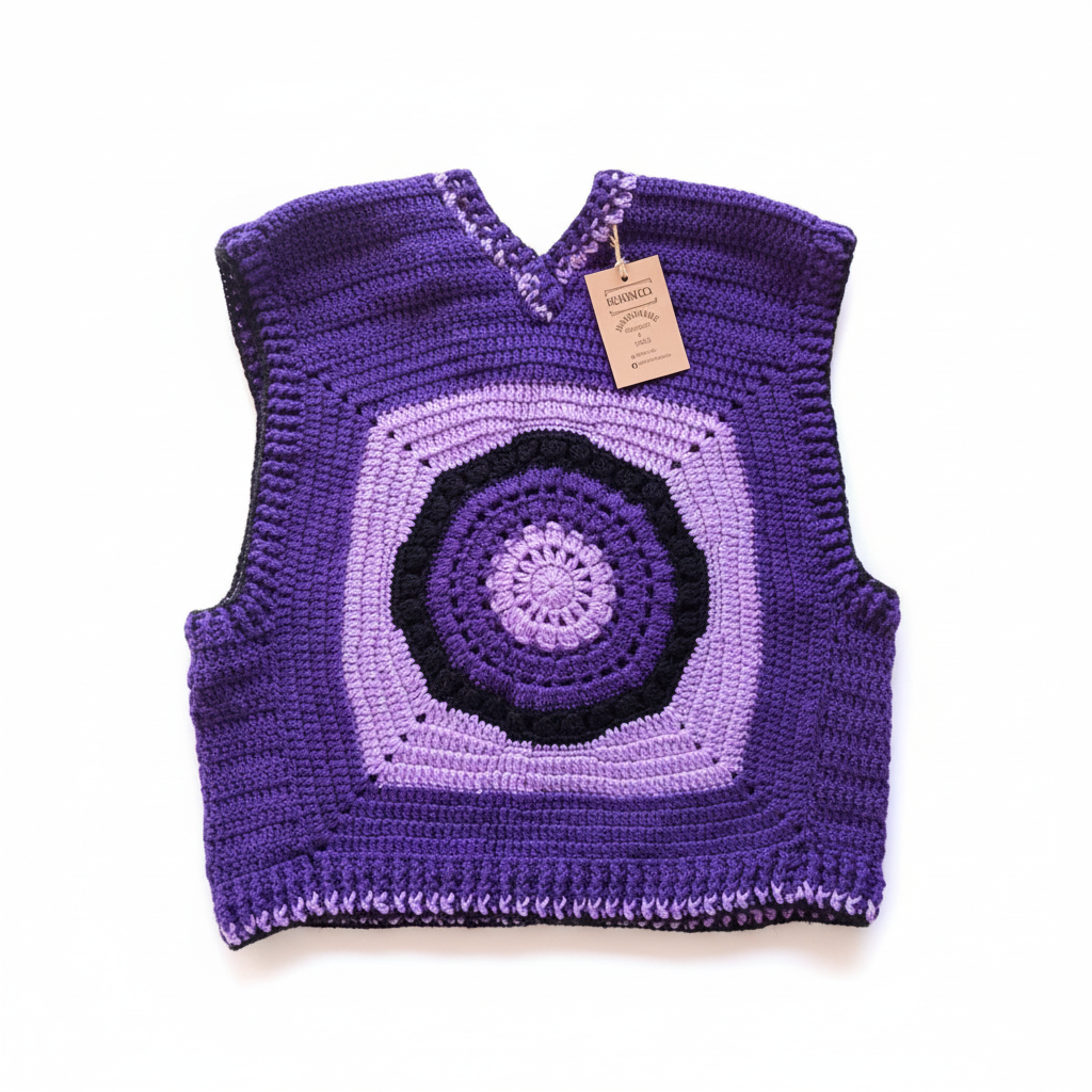 Colete de crochê roxo com detalhes de mandala, feito pela Kukini Co., mostrado em close-up na imagem.