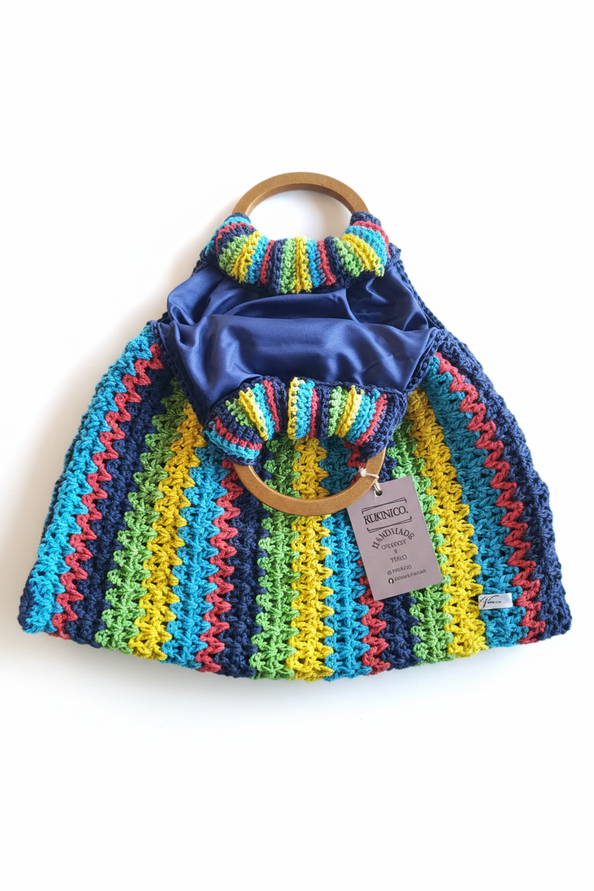 Bolsa de crochê arco boho colorida da Kukini Co., com detalhes em tecido e alça de mão, estilo artesanal e vibrante.