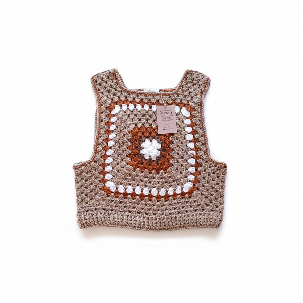 Colete de crochê Granny Square bege e castanho da Kukini Co., detalhes de pontos de crochê e acabamento artesanal.
