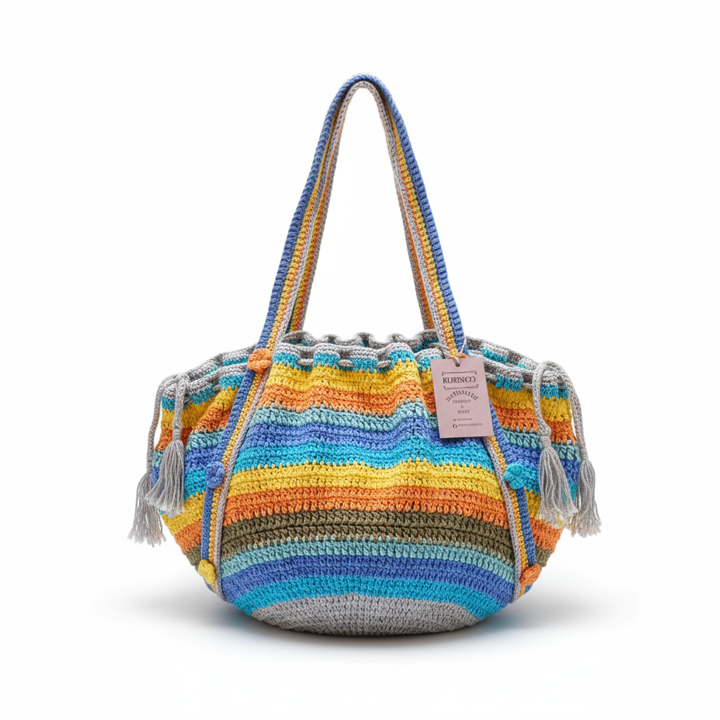Mala de crochet para moda praia com estampa arco-íris da marca Kukini Co. em detalhes coloridos e artesanal.