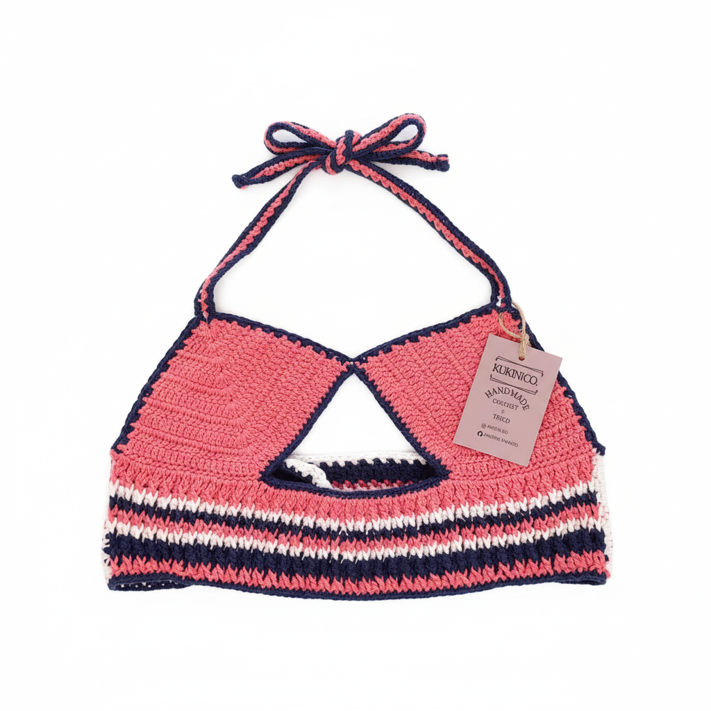 Top de crochet halter coral e azul marinho da Kukini Co., detalhe com pontos abertos e acabamento delicado.