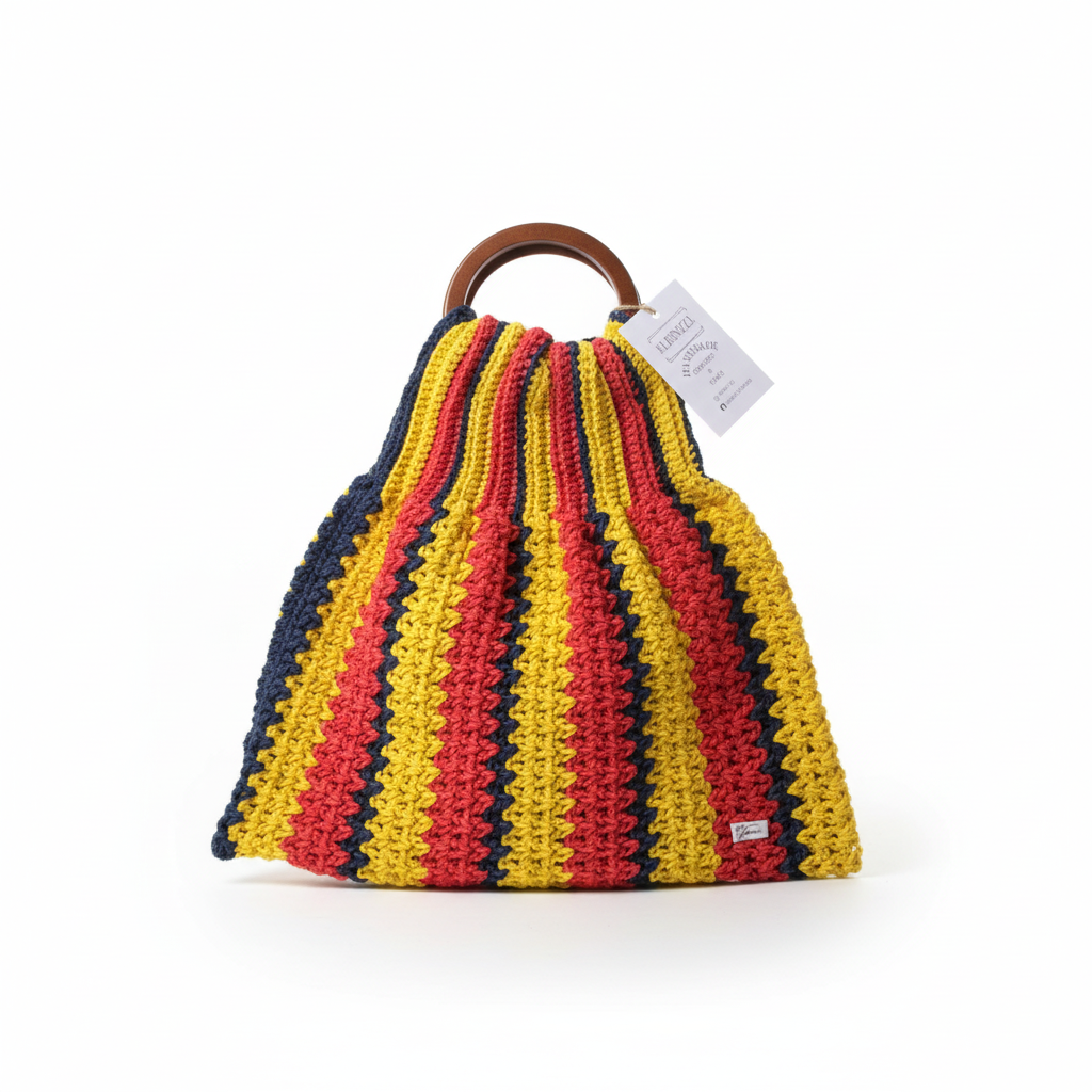 Bolsa de crochê Kukini Co. com alça de madeira e forro interno, destaque para detalhes artesanais.