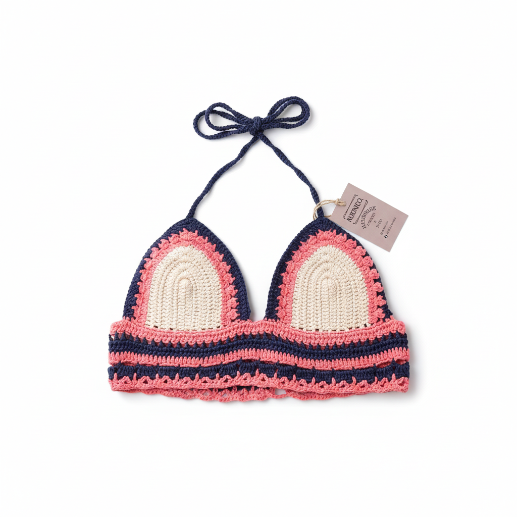 Blusa de crochê halter azul navy, coral e creme da Kukini Co., detalhe de top de crochê com alças e cores vibrantes.