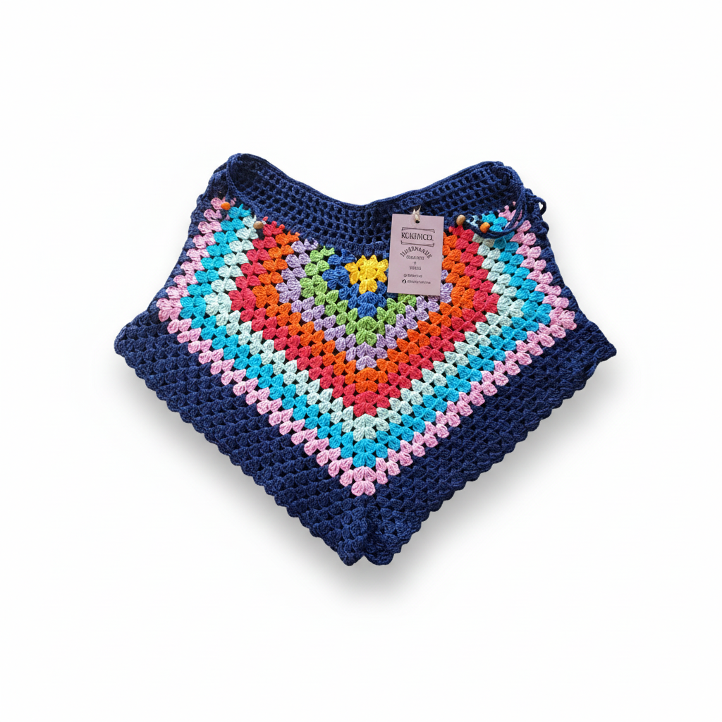 Calções de crochet Granny Square azul multicolor da Kukini co., com padrão de quadrados coloridos e detalhes artesanais.