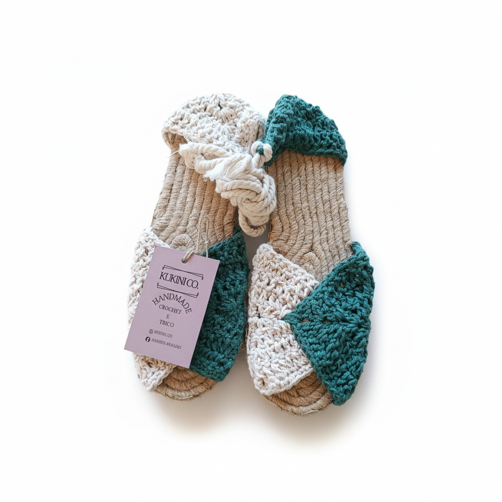 Sandália espadrille crochet verde da Kukini Co., com sola de borracha e detalhes em fibra natural, ideal para o verão.