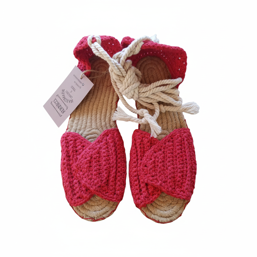 Sandália espadrille crochet vermelha da Kukini Co., com solado trançado e detalhes em crochê visíveis na imagem.