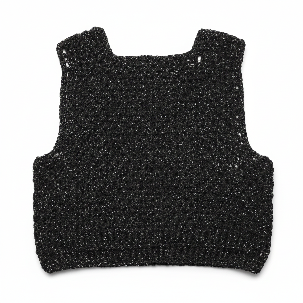 Colete crochet preto brilhante Kukini Co. com detalhes que destacam e acabamento elegante, ideal para look moderno e sofisticado.