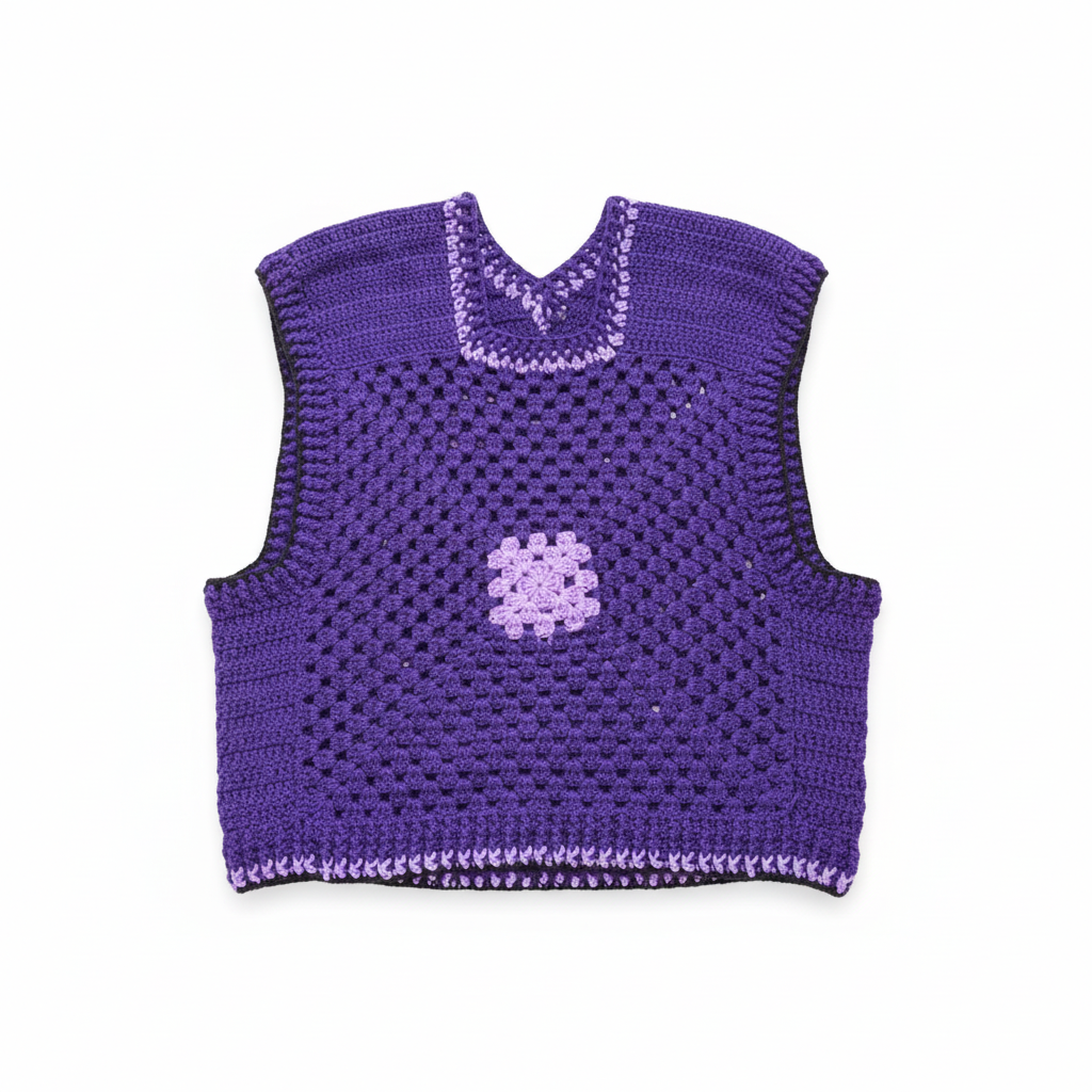 Colete de crochê roxo com detalhes de mandala, peça de moda feminina da marca Kukini Co.
