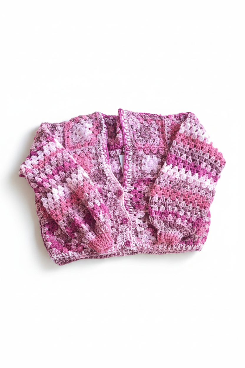 Casaco de tricô granny square rosa da Kukini Co., detalhes de pontos de crochê e padrão colorido em tecido macio.