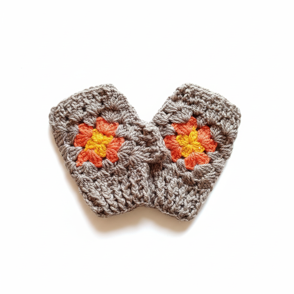 Luvas de crochê Granny Square em tom taupe e laranja, feitas pela Kukini Co., exibindo padrão colorido e detalhes artesanais