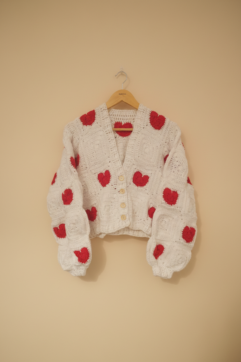 Casaco de crochê branco com detalhes de corações, estilo casual, da marca Kukini Co.