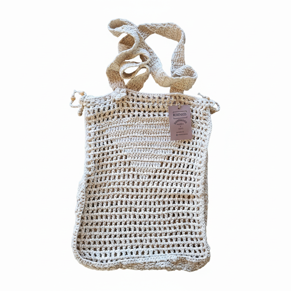 Mala crochet filet Kukini co. na cor creme natural, com detalhes em crochê e alças reforçadas, vista frontal.