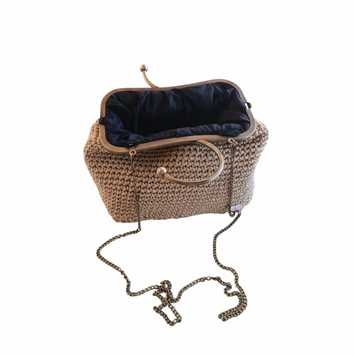 Bolsa Crochet Bege Dourada