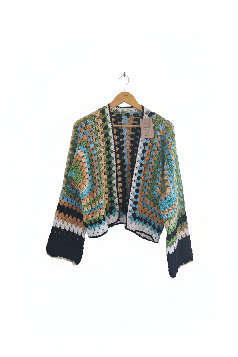 Cardigan de crochê Granny Square verde, azul e preto da Kukini Co., detalhes de pontos e cores vibrantes visíveis na imagem.