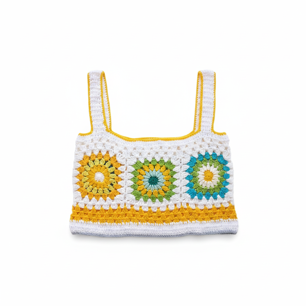 Top de crochê granny square branco da Kukini Co., detalhe do tecido com padrão colorido nas bordas.