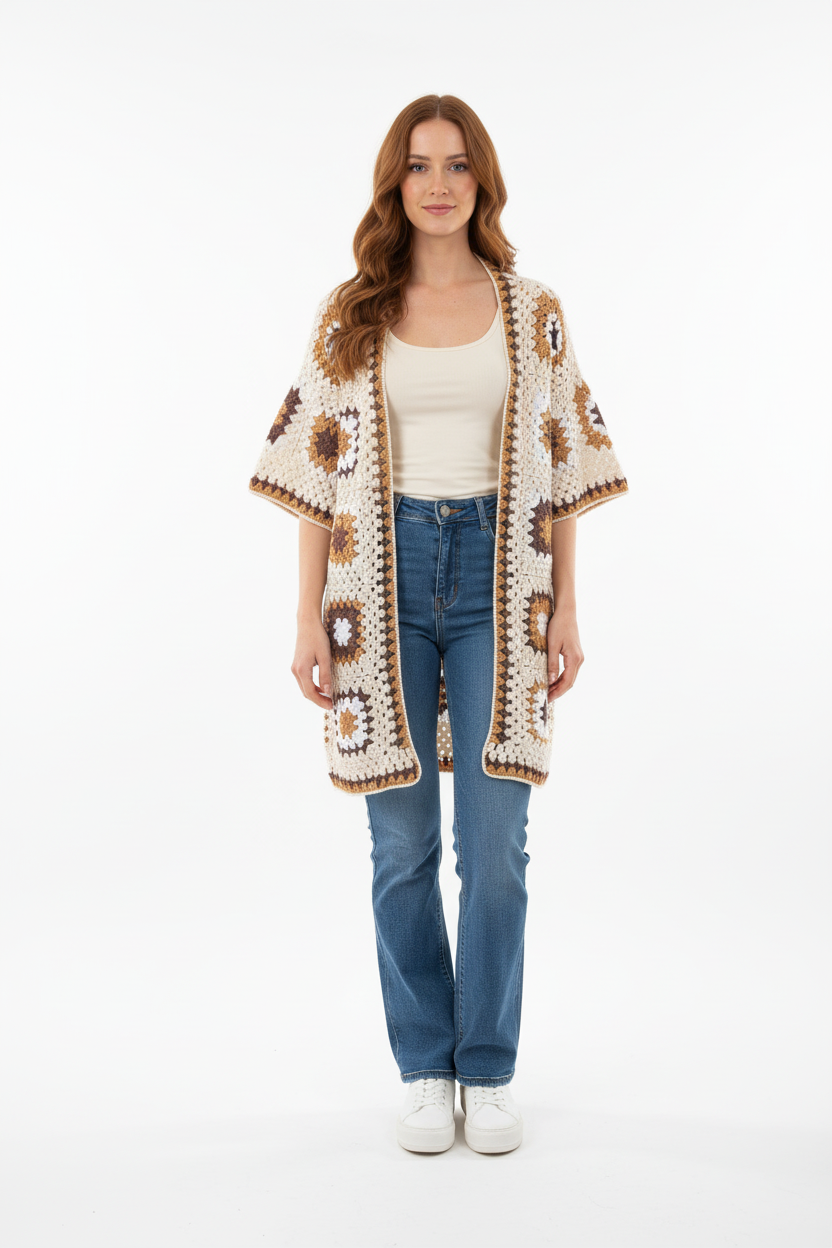 Kimono bege modelo fundo branco