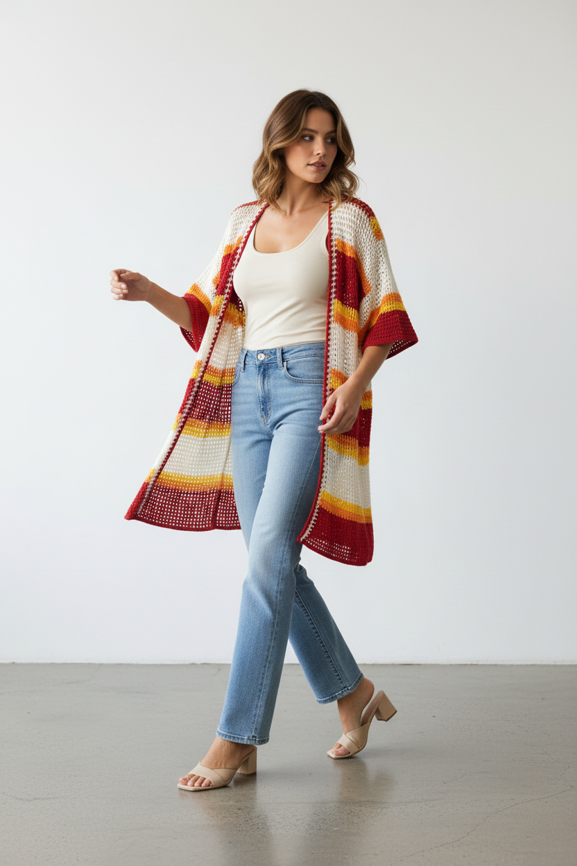 Modelo com kimono crochet às riscas