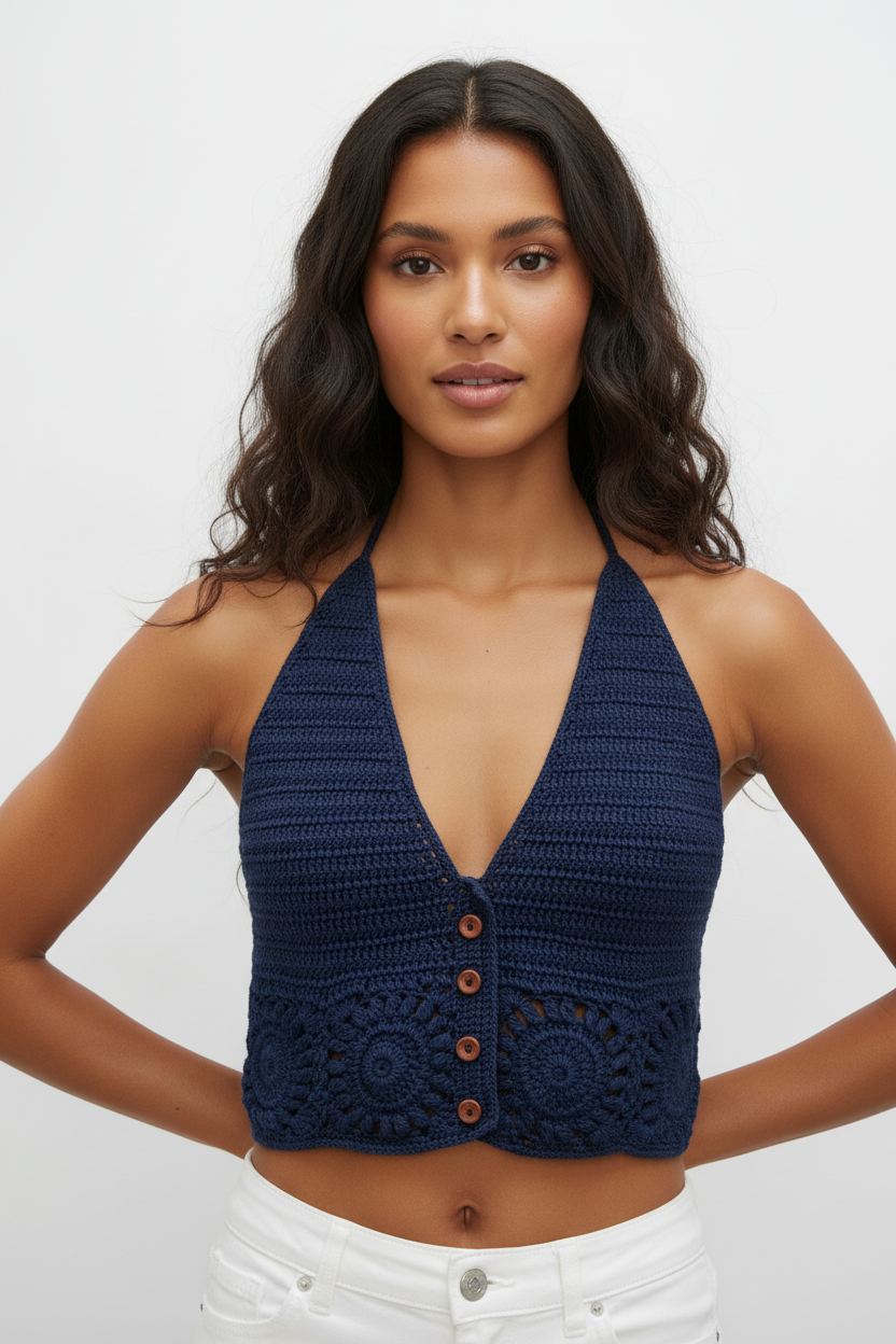 Modelo com top de crochet azul marinho