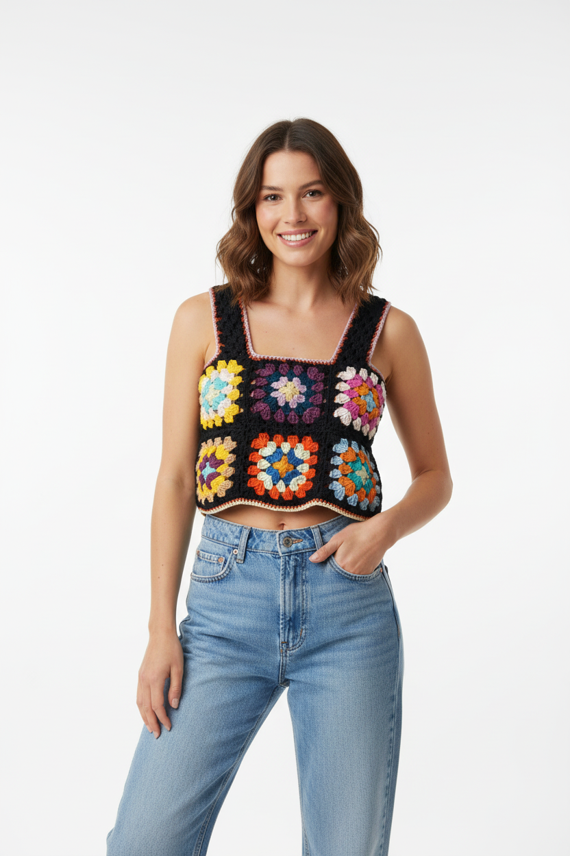 Modelo com top granny square crochet