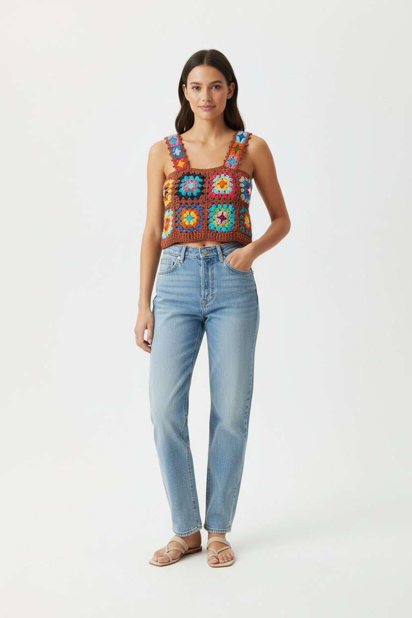 Modelo com top granny square terracota