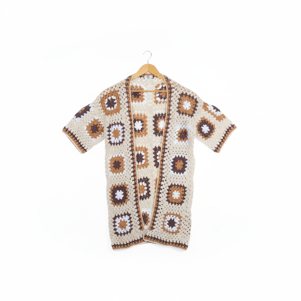 Kimono crochet granny square bege da Kukini Co., com detalhes de pontos em quadrados e acabamento suave.