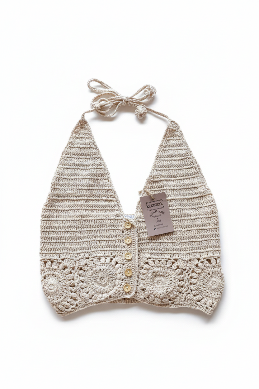 Top crochet bege fundo branco