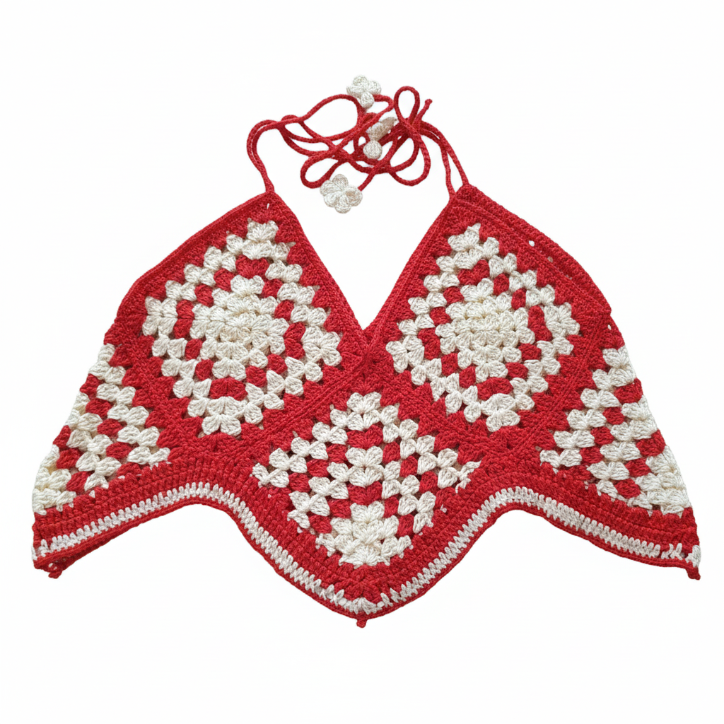 Blusa de crochê granny square vermelha e branca, feita à mão pela Kukini Co., com detalhes coloridos e tecido leve.