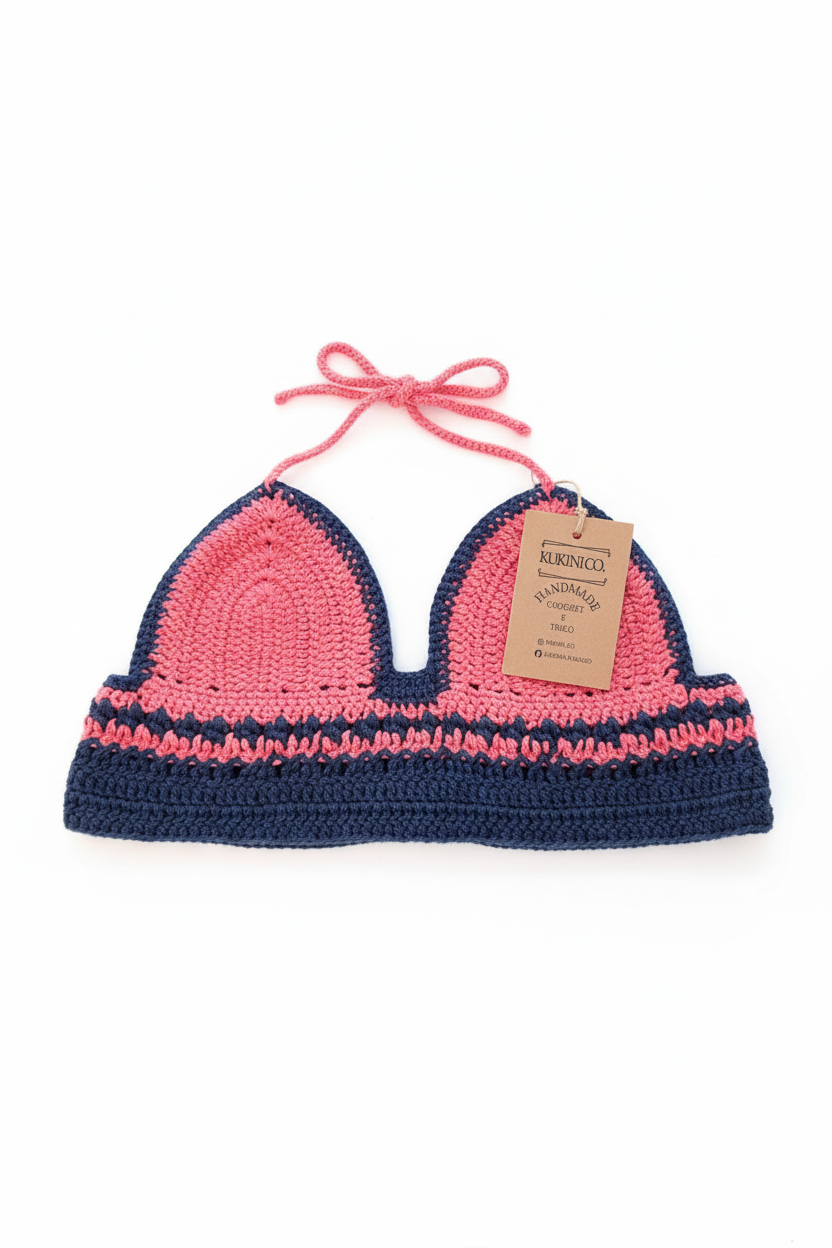 Top Crochet Rosa e Azul Marinho