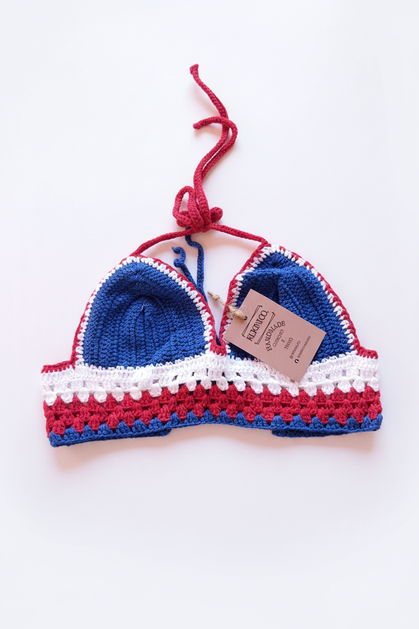 Top Crochet Vermelho Branco e Azul