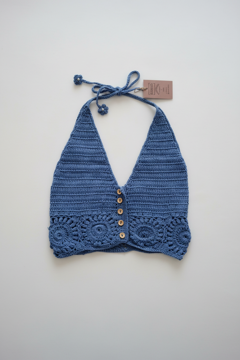 Top de crochet azul com fundo branco
