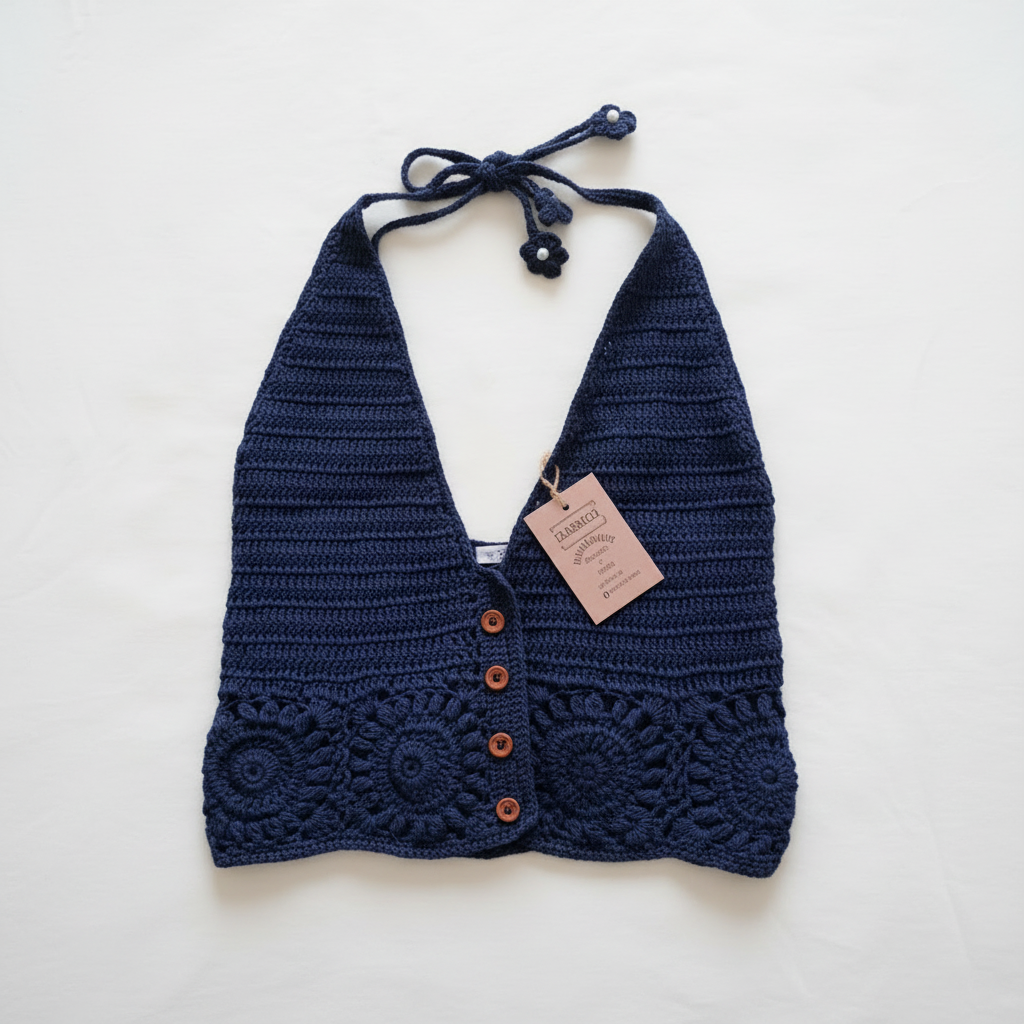 Top de crochet azul marinho com fundo branco