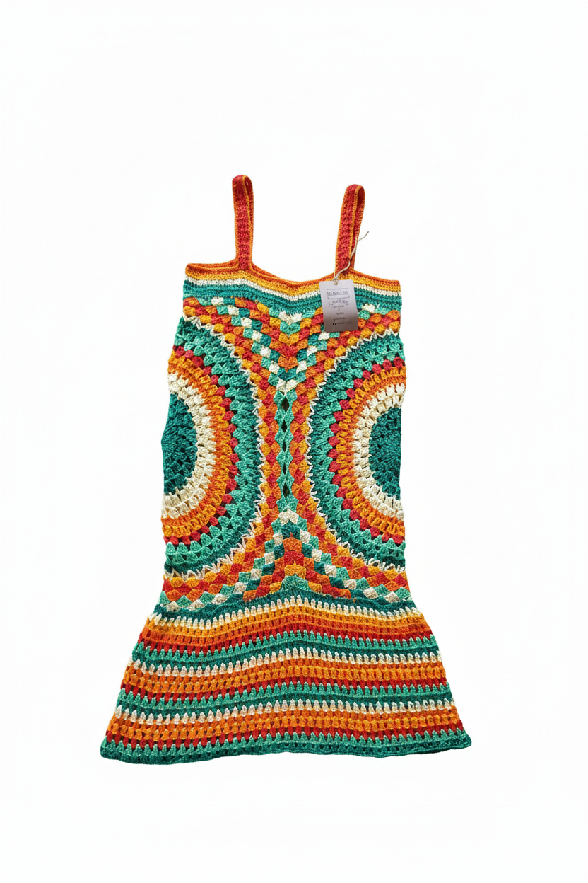 Vestido colorido crochet fundo branco