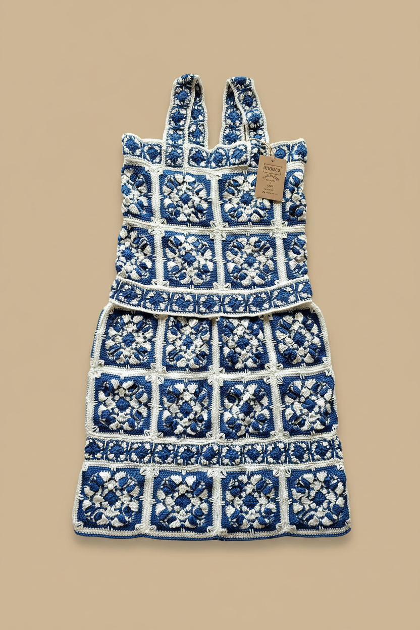 Vestido crochet azul fundo bege