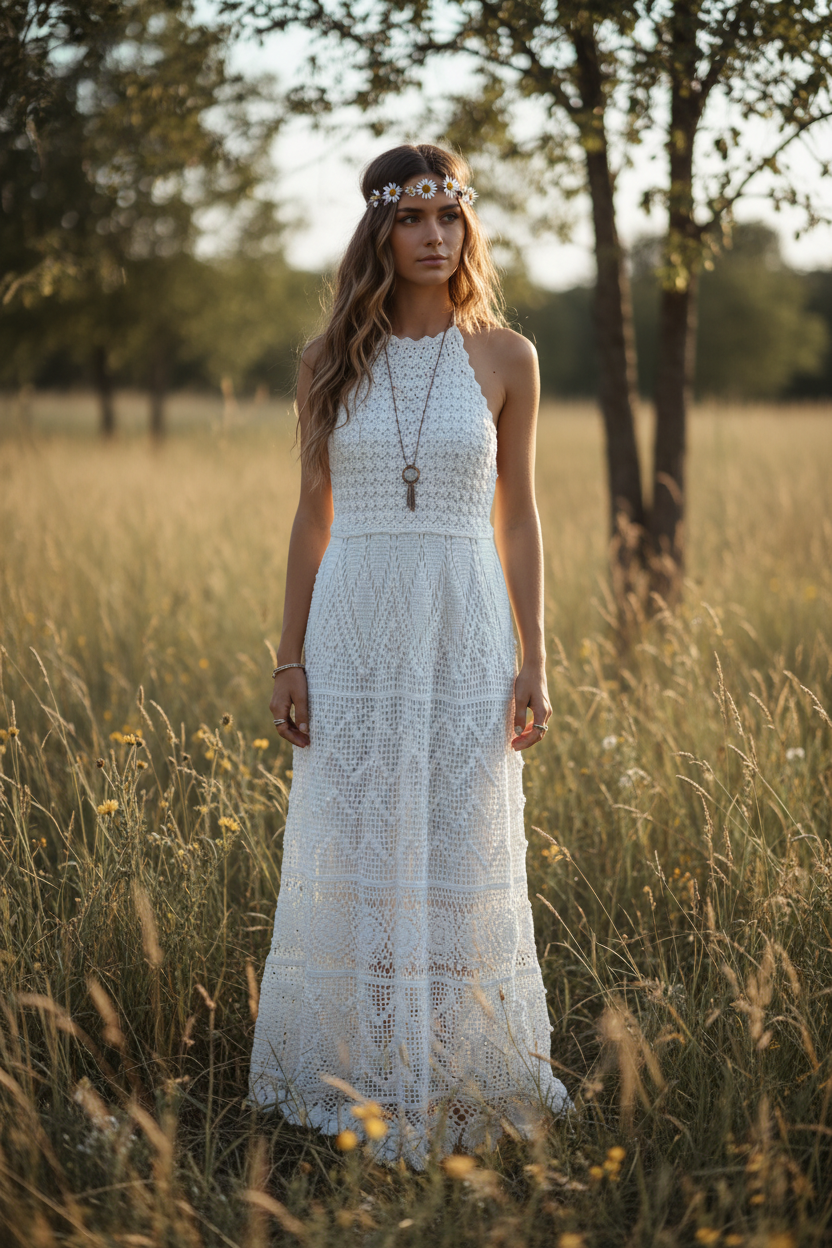 Vestido Crochet Branco com Modelo