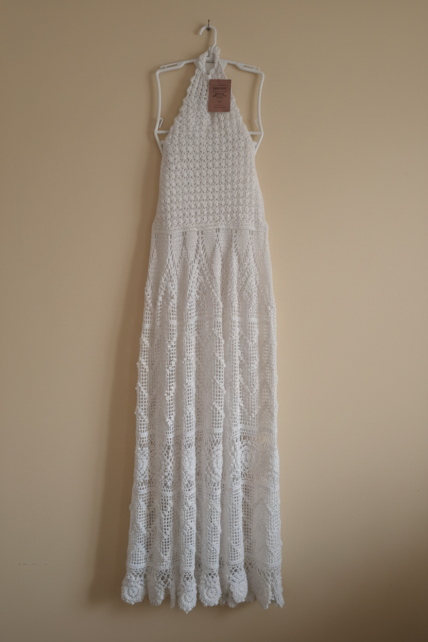 Vestido de crochet branco com fundo bege